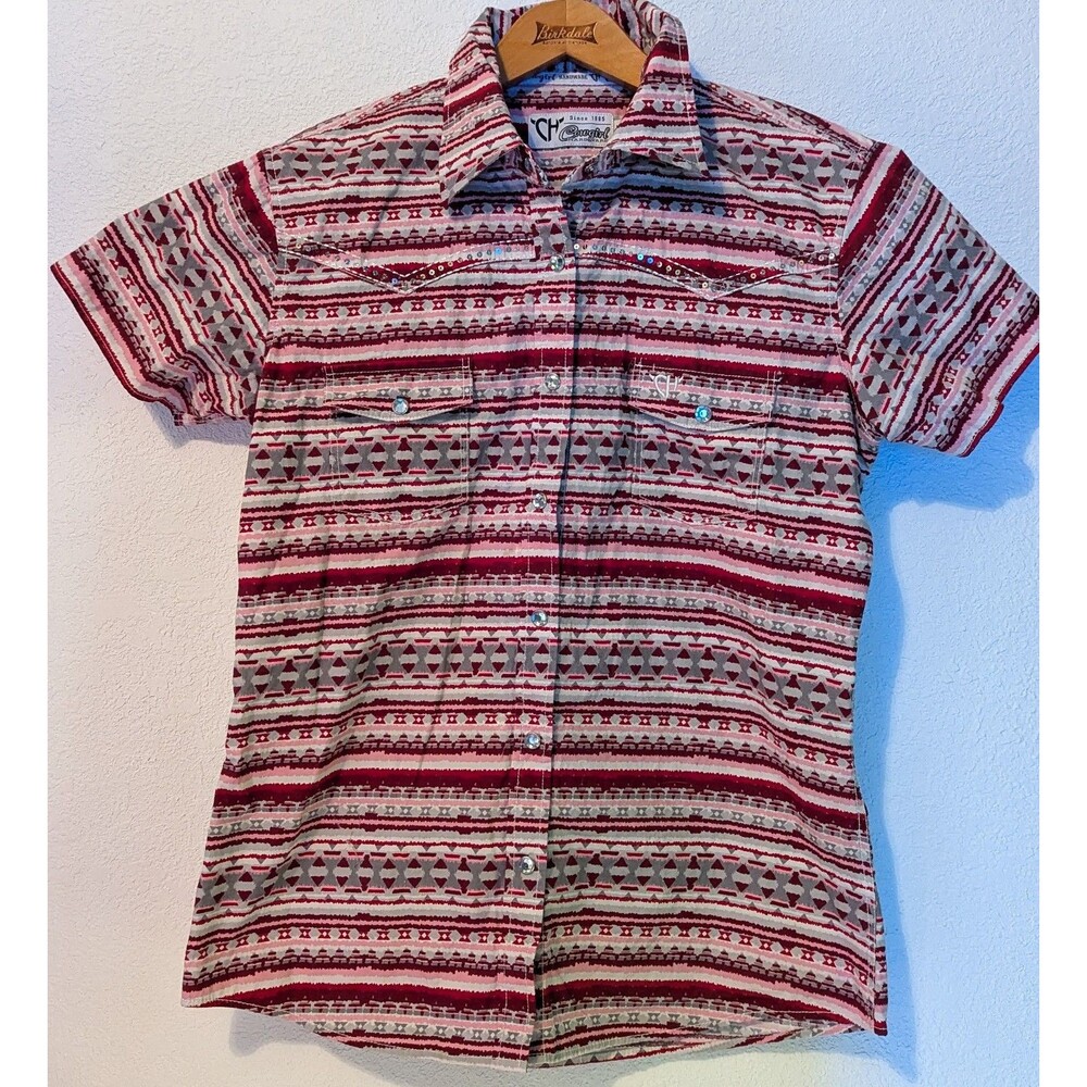 CHAPS Short-Sleeve Red Patterned Button-Up Blouse
